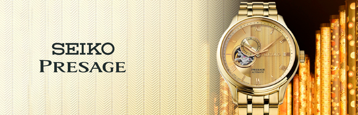 Banner de relógio Seiko Pressage com bracelete e caixa dourada com movimento automático.